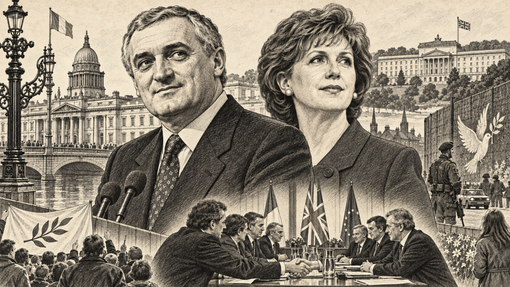 Lithographic illustration of Bertie Ahern, Mary McAleese and peace politics in 1997