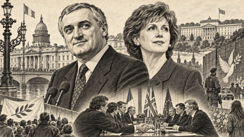 Lithographic illustration of Bertie Ahern, Mary McAleese and peace politics in 1997