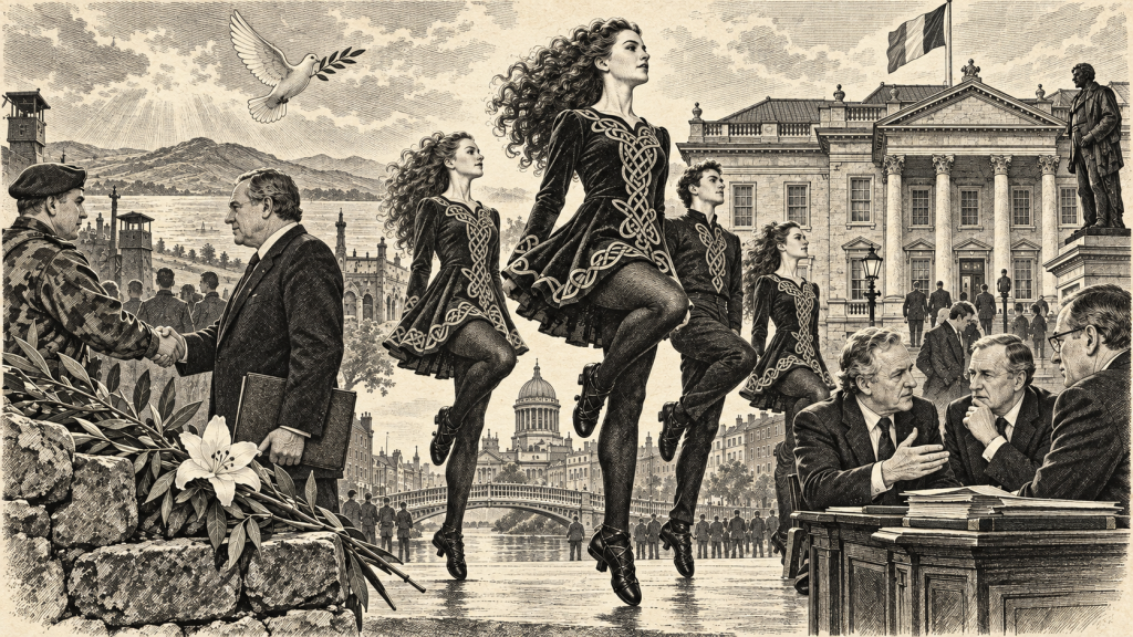 Lithographic illustration of Irish ceasefires, Riverdance and political change in 1994