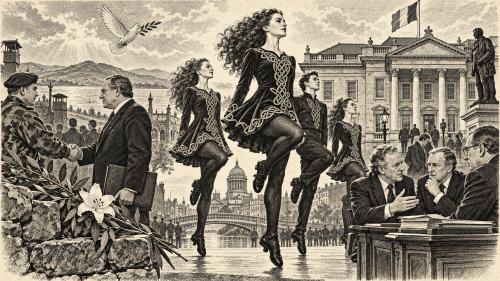 Lithographic illustration of Irish ceasefires, Riverdance and political change in 1994
