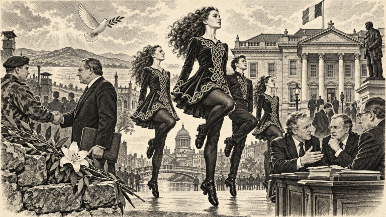 Lithographic illustration of Irish ceasefires, Riverdance and political change in 1994