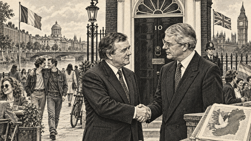Lithographic illustration of Irish social change and the Downing Street Declaration in 1993