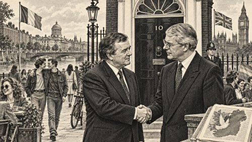 Lithographic illustration of Irish social change and the Downing Street Declaration in 1993