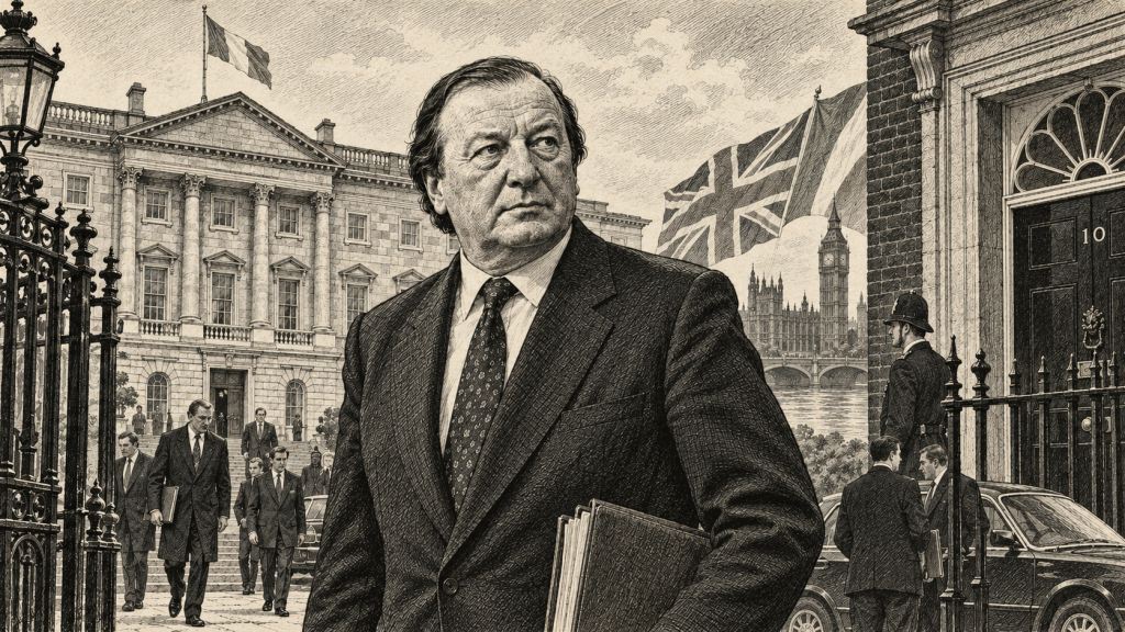 Lithographic illustration of Irish and British political statecraft in 1991