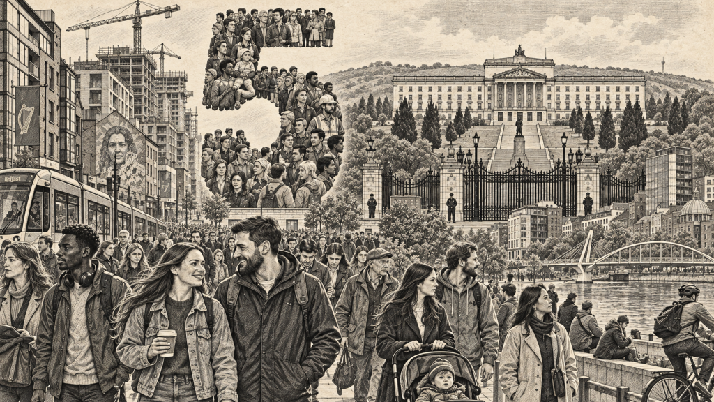 Lithographic illustration of modern Ireland, population growth and Stormont in 2022