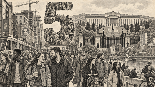 Lithographic illustration of modern Ireland, population growth and Stormont in 2022