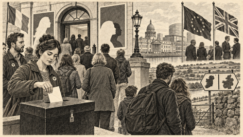 Lithographic illustration of the 2018 repeal referendum and Brexit backstop debate