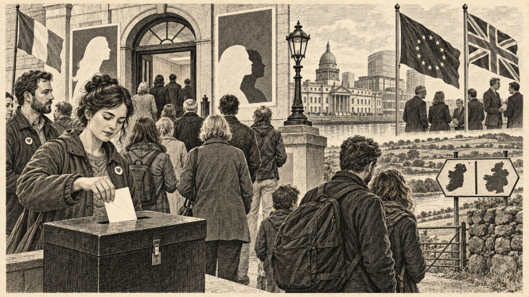 Lithographic illustration of the 2018 repeal referendum and Brexit backstop debate