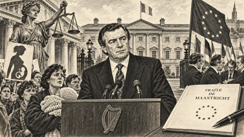 Lithographic illustration of Irish politics, the X Case and Maastricht in 1992