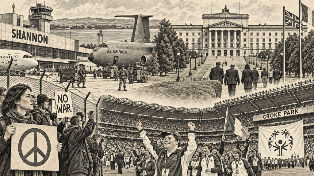 Lithographic illustration of Shannon Airport, Stormont and Croke Park in 2003