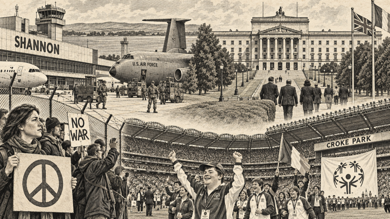 Lithographic illustration of Shannon Airport, Stormont and Croke Park in 2003