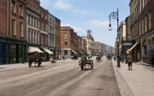 Historic photograph of George Street, Limerick, in 1900, showing commercial buildings, shopfronts and street activity.