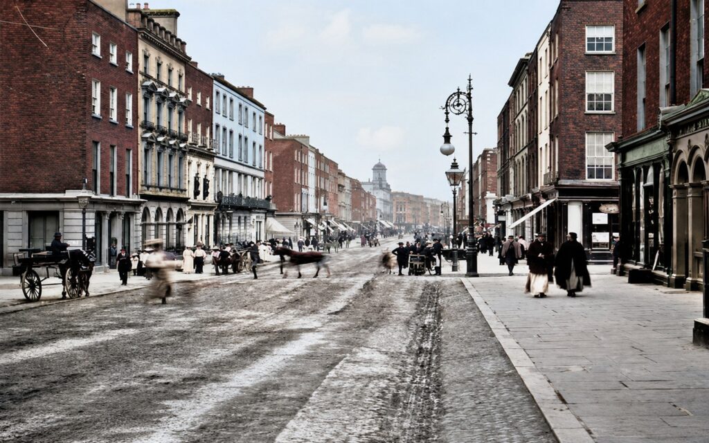 Historic reconstruction of George Street, Limerick, in 1900, showing shopfronts, street buildings and public activity.